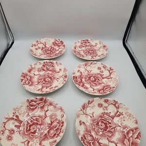 6 English Chippendale Saucers Tea Coffee Cup Saucers Red Pink Johnson Bros Vtg